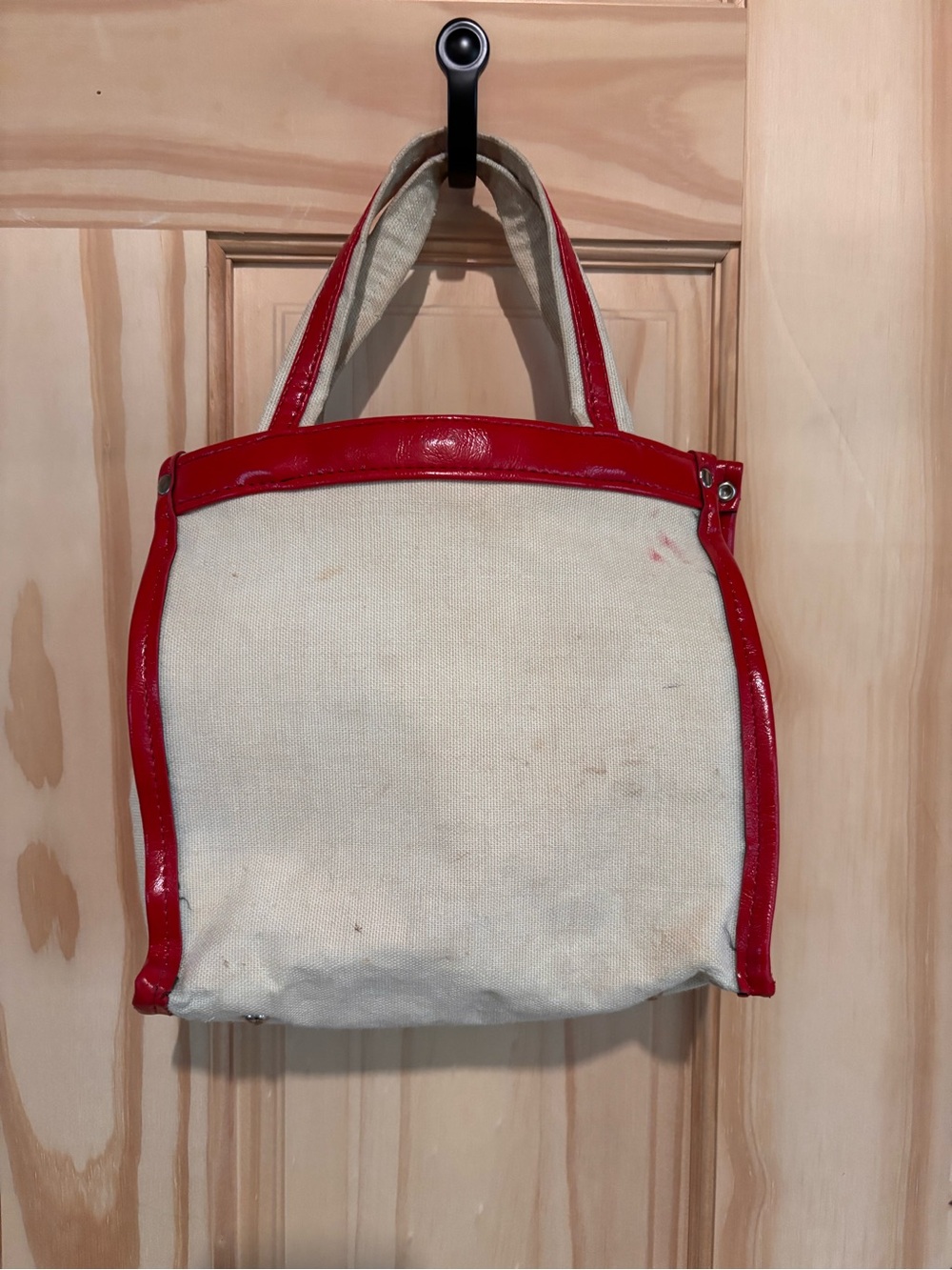 Vintage Canvas Tote Bag with Red Trim and Nautical Wheel Accent - Picture 2 of 5